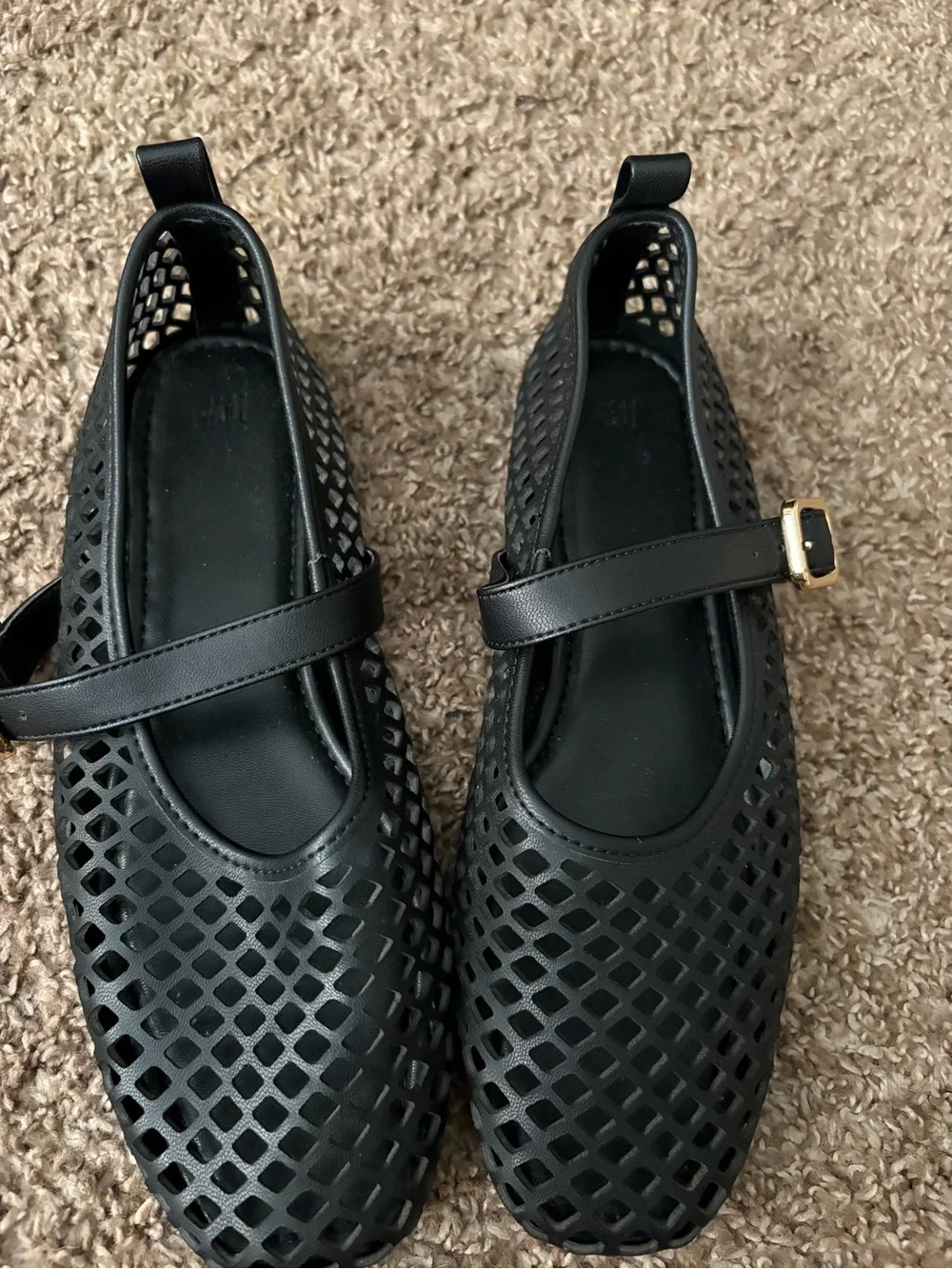 H&M Black Laser-Cut Mary Jane Flats with Gold Buckle